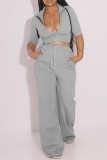 Grey Fashion Casual Solid Patchwork Zipper Collar Half Sleeve Two Pieces