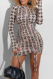 Light Pink Sexy Print Patchwork Draw String Fold O Neck Pencil Skirt Dresses