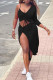 Black Sexy Solid Patchwork Draw String Fold Asymmetrical Long Sleeve Two Pieces