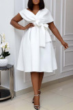 White Fashion Sexy Solid Patchwork V Neck A Line Dresses