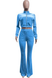Light Blue Fashion Street Solid Split Joint O Neck Long Sleeve Two Pieces