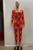 Red Sexy Print Patchwork U Neck Skinny Jumpsuits
