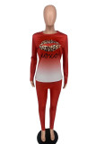 Red Fashion Casual Print Patchwork O Neck Long Sleeve Two Pieces
