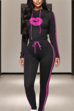 rose red Sportswear Print Hooded Collar Long Sleeve Regular Sleeve Regular Two Pieces