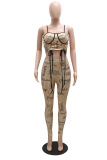 Brown Sexy Print Patchwork Spaghetti Strap Sleeveless Two Pieces