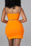 Orange Sexy Solid Hollowed Out Spaghetti Strap Sleeveless Two Pieces