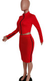 Red Sexy Solid Slit Asymmetrical Zipper Collar Long Sleeve Two Pieces