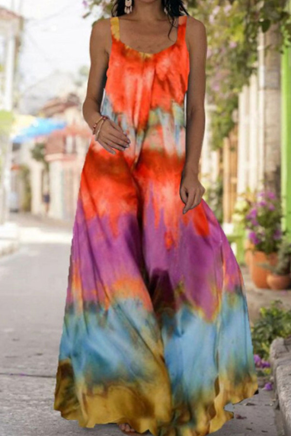 Tangerine Casual Print Patchwork U Neck Vest Dress Dresses