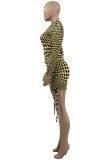 Yellow Fashion Sexy Dot Print Bandage O Neck Long Sleeve Two Pieces
