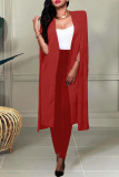 Red Fashion Casual Solid Slit Turn-back Collar Long Sleeve Two Pieces