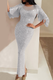 Silver Sexy Patchwork Sequins O Neck Trumpet Mermaid Dresses
