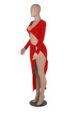 Red Fashion Sexy Solid Hollowed Out Slit V Neck Long Sleeve Dresses