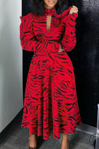 Red Fashion Street Print Split Joint Turtleneck A Line Dresses