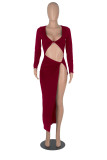 Red Fashion Sexy Solid Hollowed Out Slit V Neck Long Sleeve Dresses