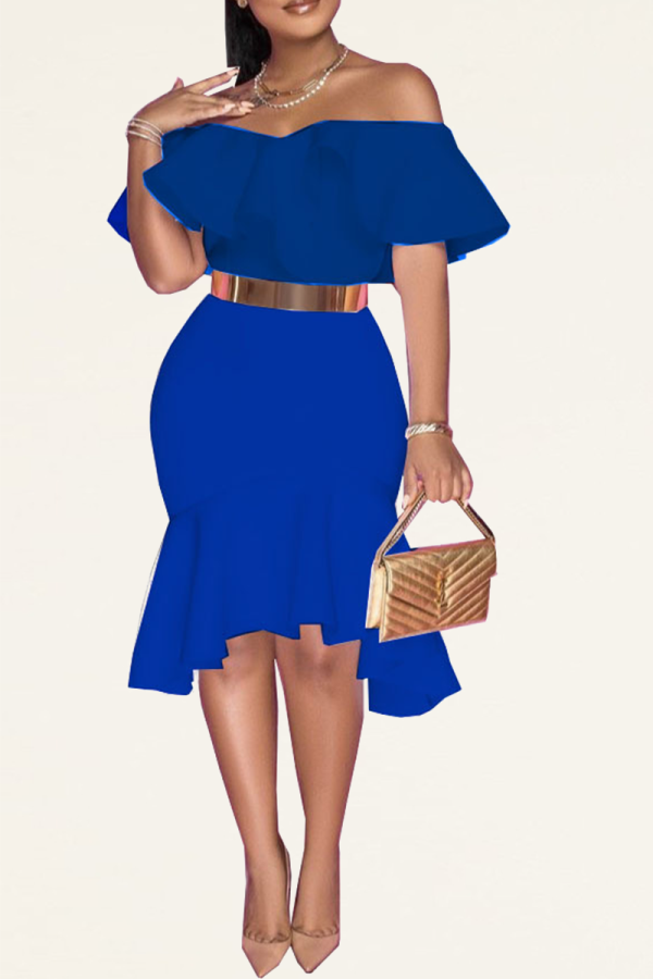 Blue Sexy Solid Flounce Off the Shoulder Trumpet Mermaid Dresses