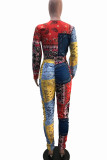 Multicolor Casual Print Patchwork O Neck Long Sleeve Two Pieces