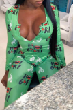 Red Sexy Print Patchwork U Neck Skinny Jumpsuits