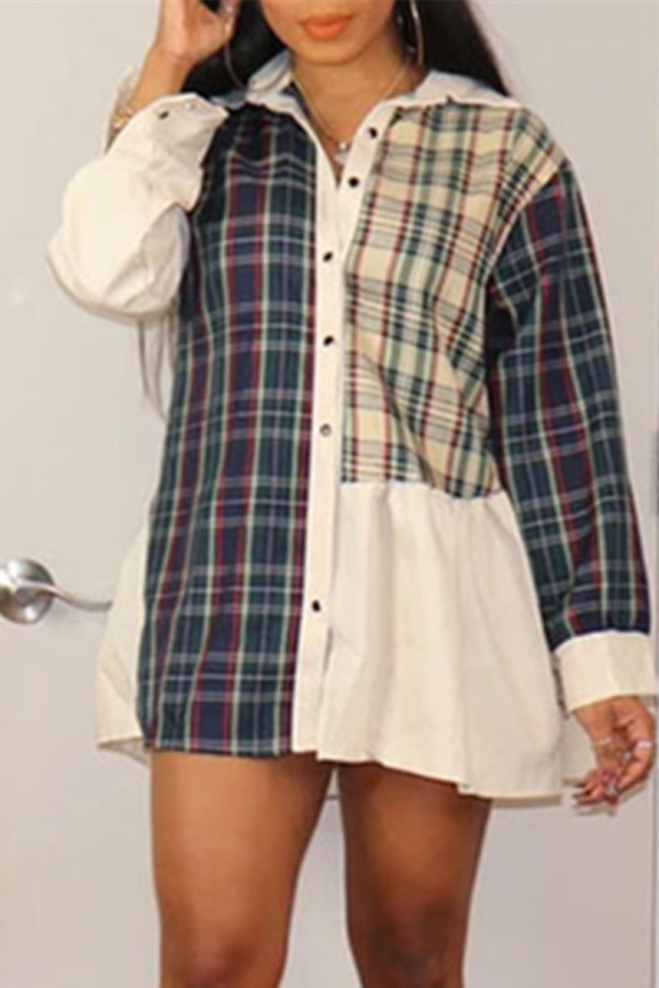 Multicolor Fashion Casual Patchwork Basic Turndown Collar Shirt Dress