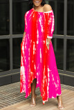 Rose Red Fashion Casual Print Basic O Neck Long Dress