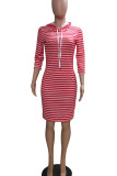 Pink Casual Striped Print Patchwork Hooded Collar Straight Dresses