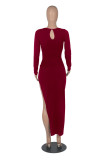 Red Fashion Sexy Solid Hollowed Out Slit V Neck Long Sleeve Dresses