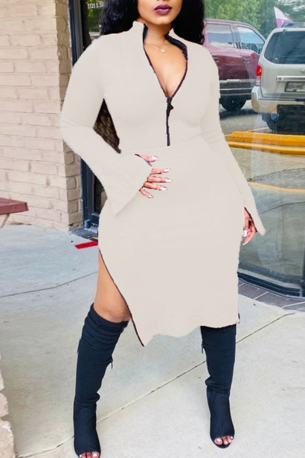 Cream White Sexy Solid Slit Asymmetrical Zipper Collar Long Sleeve Two Pieces