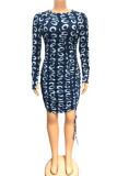 Light Pink Sexy Print Patchwork Draw String Fold O Neck Pencil Skirt Dresses