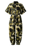 Army Green Casual Print Patchwork Buckle Turndown Collar Loose Jumpsuits