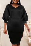 Blue Casual Solid Patchwork V Neck Lantern Skirt Dresses
