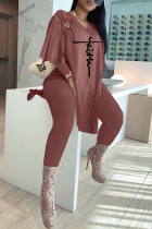 Brown Fashion Casual Embroidery Slit V Neck Long Sleeve Two Pieces