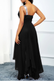 Black Casual Solid Mesh One Shoulder Cake Skirt Dresses