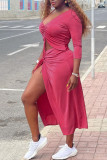 Rose Red Sexy Solid Patchwork Draw String Fold Asymmetrical Long Sleeve Two Pieces