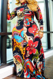 Red Fashion Casual Print Split Joint Zipper Collar Long Sleeve Plus Size Dresses