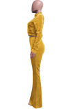 Yellow Fashion Street Solid Split Joint O Neck Long Sleeve Two Pieces