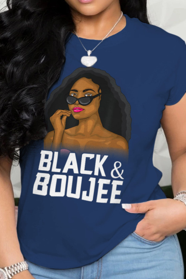 Navy Blue Fashion Print Patchwork O Neck T-Shirts