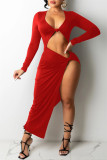 Red Fashion Sexy Solid Hollowed Out Slit V Neck Long Sleeve Dresses