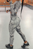 Grey Sexy Patchwork Tie-dye O Neck Long Sleeve Two Pieces