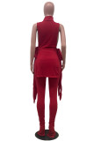 Red Sexy Casual Solid Bandage Fold Turtleneck Sleeveless Two Pieces