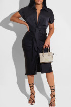 Black Fashion Casual Solid Fold Turndown Collar Pencil Skirt Dresses