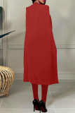 Red Fashion Casual Solid Slit Turn-back Collar Long Sleeve Two Pieces