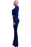 Deep Blue Fashion Street Solid Split Joint O Neck Long Sleeve Two Pieces
