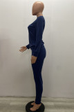 Royal blue Daily Solid Patchwork Pocket O Neck Long Sleeve Regular Sleeve Regular Two Pieces