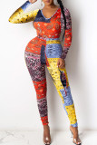 Multicolor Casual Print Patchwork O Neck Long Sleeve Two Pieces
