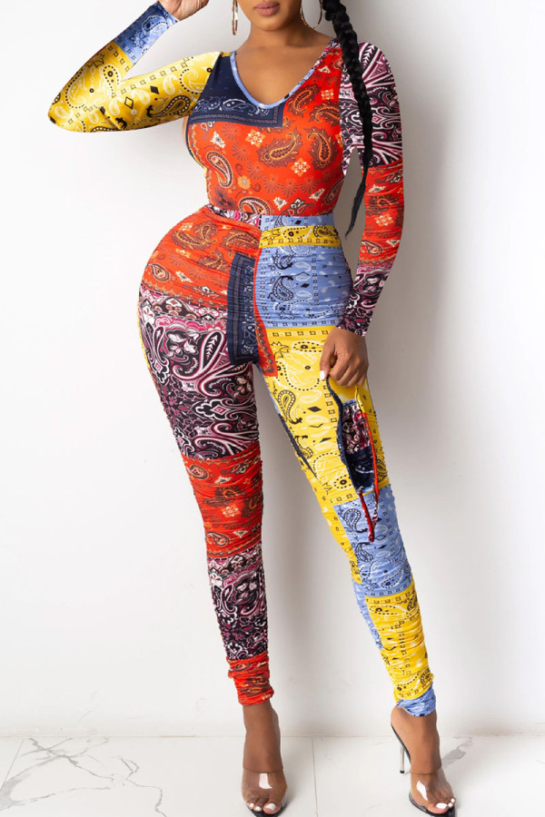 Multicolor Casual Print Patchwork O Neck Long Sleeve Two Pieces