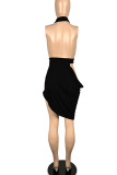 Red Sexy Solid Hollowed Out Patchwork Fold Asymmetrical Halter Evening Dress Dresses