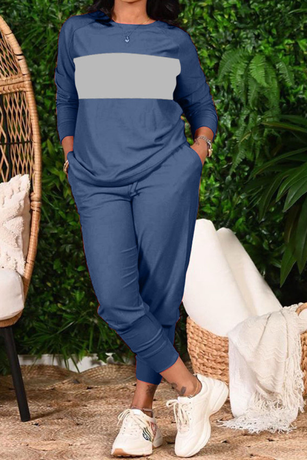 Blue Casual Solid Patchwork O Neck Long Sleeve Two Pieces
