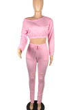 Pink Casual Solid Ripped Split Joint Oblique Collar Long Sleeve Two Pieces