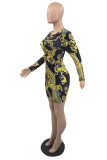 Black Fashion Casual Print Basic O Neck Long Sleeve Dresses