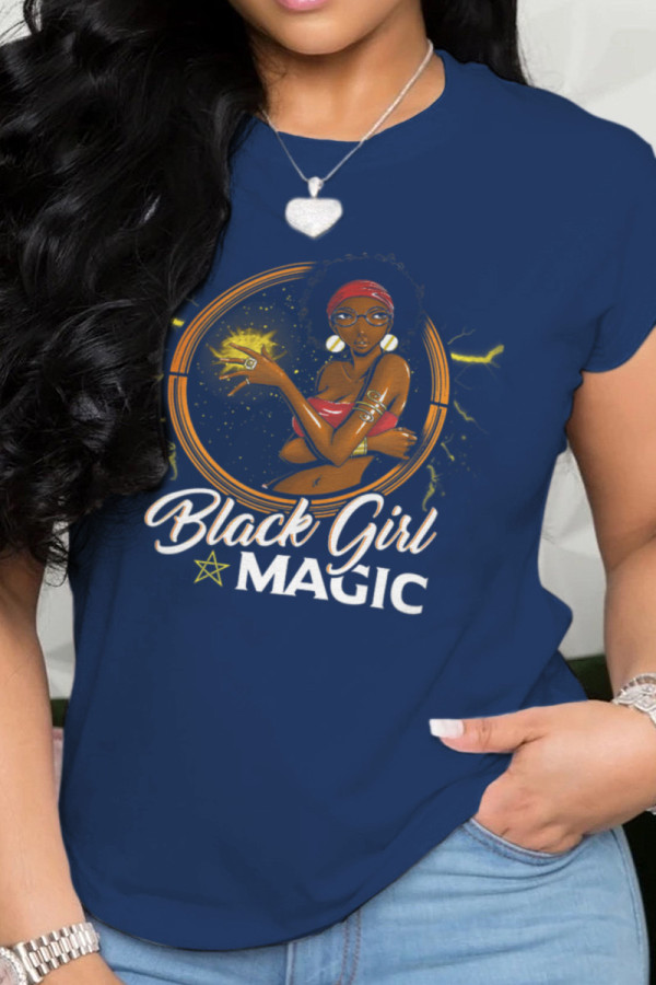 Navy Blue Casual Print Patchwork O Neck T-Shirts