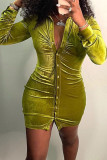 Green Fashion Sexy Solid Patchwork Turndown Collar One Step Skirt Dresses